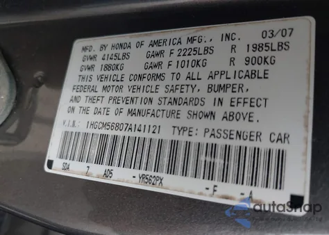 2007 Honda Accord 2.4 Ex from USA, damaged, VIN 1HGCM56807A141121